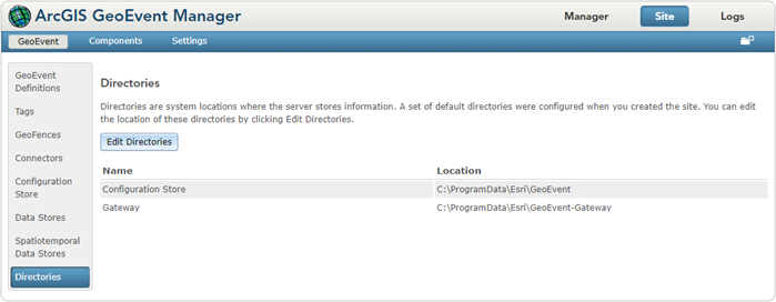 GeoEvent Manager のディレクトリ ページ GeoEvent Manager のディレクトリ ページ