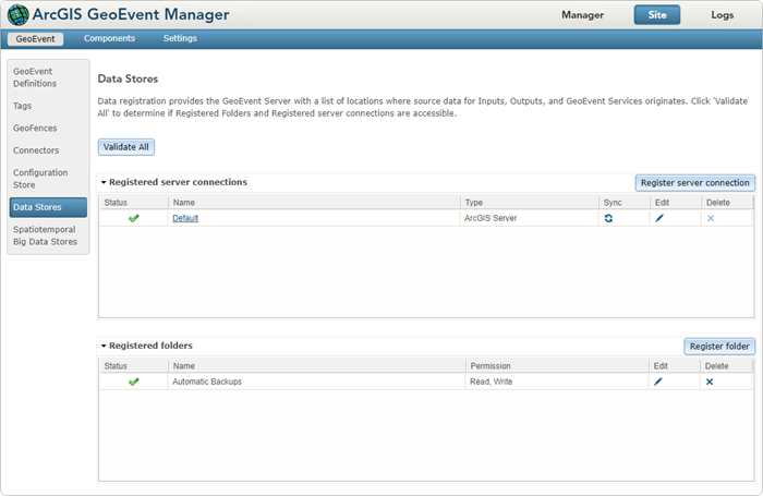 GeoEvent Manager を使用したデータ ストアの追加と管理 GeoEvent Manager を使用したデータ ストアの追加と管理